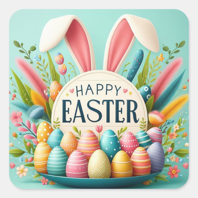 Happy Easter Bunny Ears Square Sticker (Front)