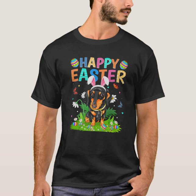 Happy Easter Bunny Egg Funny Dachshund Dog Easter T-Shirt (Front)