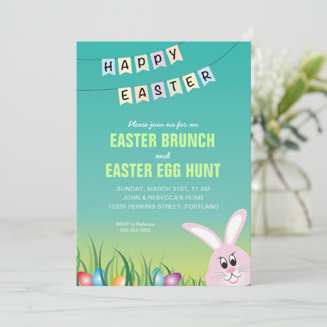 Happy Easter Bunny & Eggs Easter Brunch Invitation (Standing Front)