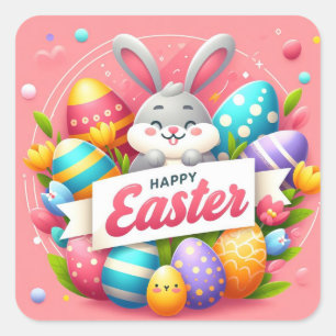 Happy Easter - Bunny Eggs in Pastel Colours Square Sticker