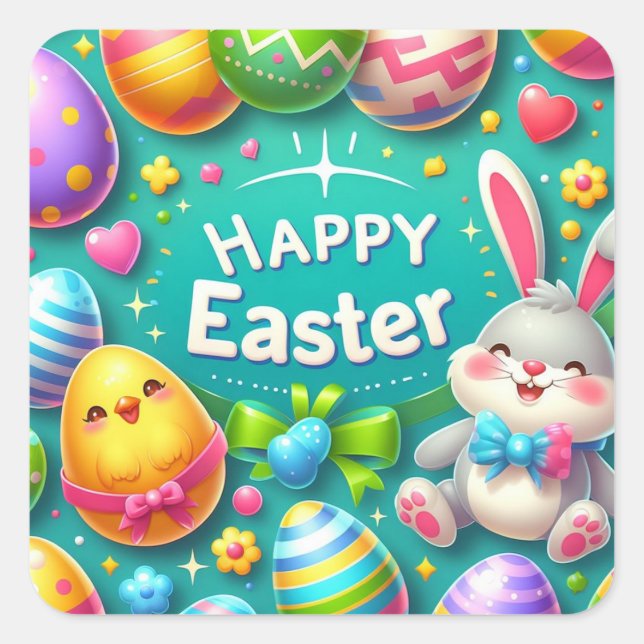 Happy Easter - Bunny Eggs in Vibrant Colours Square Sticker (Front)