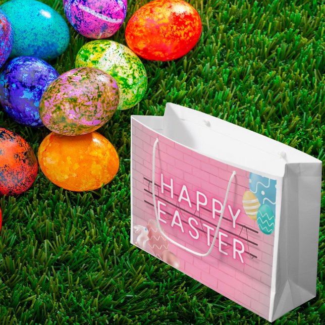 Happy Easter Bunny Eggs Pink Neon Sign Large Gift Bag (Creator Uploaded)