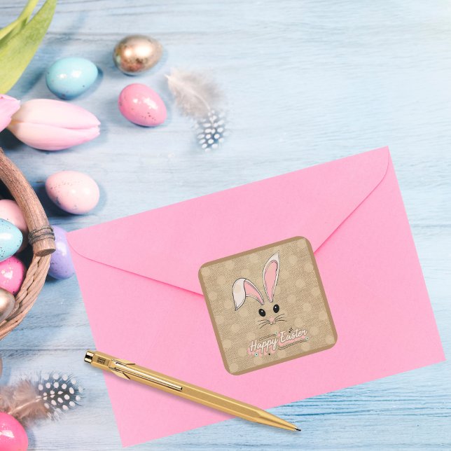 Happy Easter Bunny Face Neutral Polka Dots Square Sticker (Creator Uploaded)