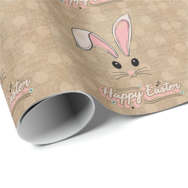 Happy Easter Bunny Face Neutral Polka Dots Wrapping Paper (Roll Corner)