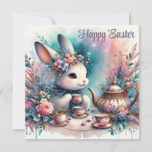 Happy Easter Bunny Festive Watercolor Tea Party  Holiday Card (Front)