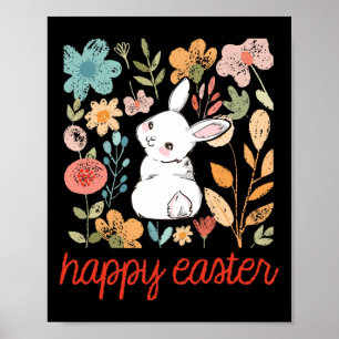 Happy Easter Bunny Floral Flower Vintage Rabbit Wo Poster