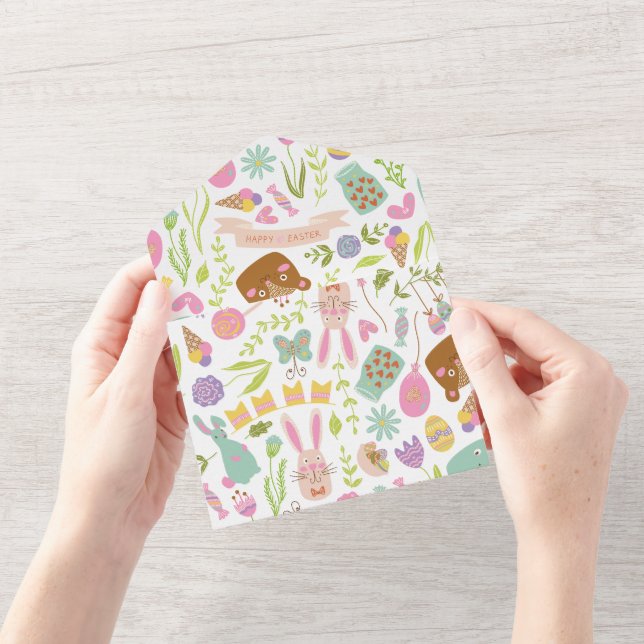 Happy Easter Bunny Floral Pattern All In One Invitation (Opening)