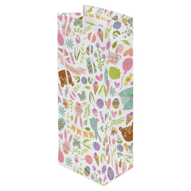 Happy Easter Bunny Floral Pattern Wine Gift Bag (Back Angled)