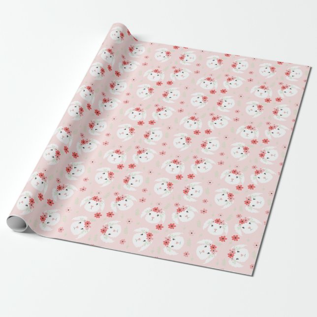 Happy Easter Bunny Flower Crown Pink Wrapping Paper (Unrolled)