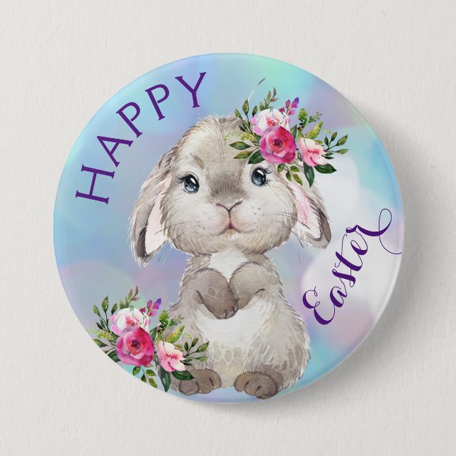 Happy Easter Bunny Flowers Button (Front)