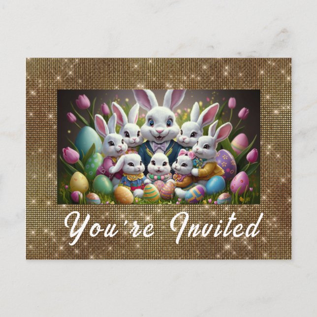 *~* Happy Easter Bunny  Flowers Eggs TVi Invitation Postcard (Front)
