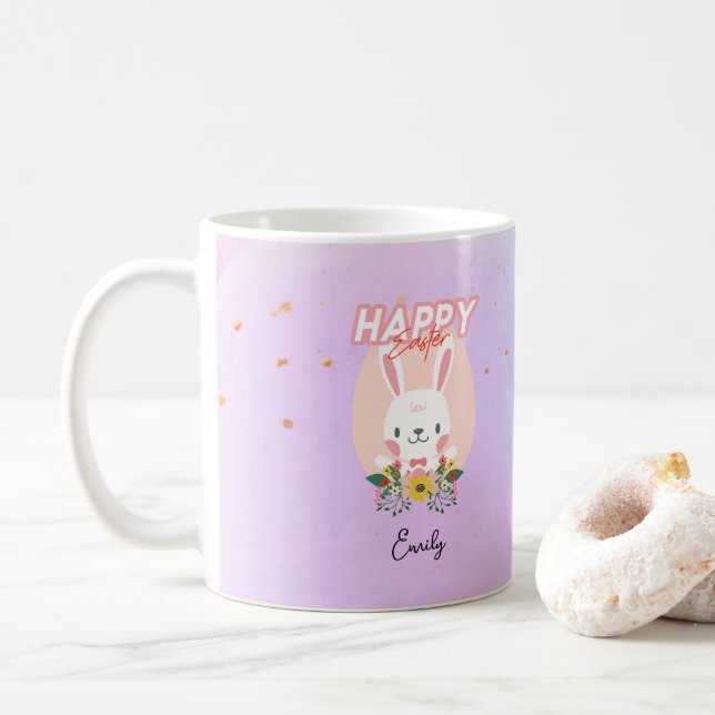 Happy Easter Bunny Flowers Name Coffee Mug (With Donut)
