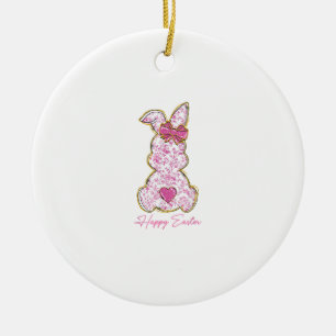 Happy Easter Bunny Girls Easter Women Pink Floral  Ceramic Ornament
