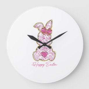 Happy Easter Bunny Girls Easter Women Pink Floral  Large Clock