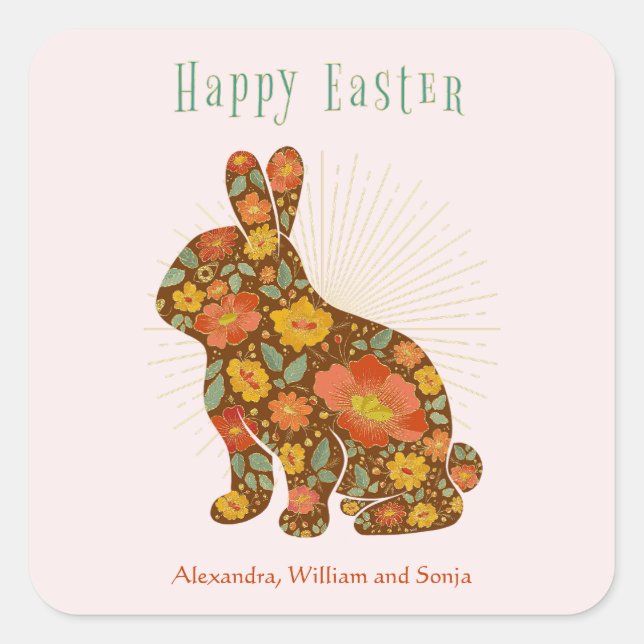 Happy Easter Bunny Gold Colourful Personalised Square Sticker (Front)