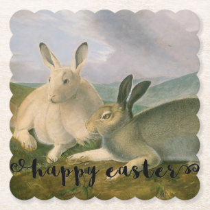Happy Easter Bunny Hare Couple Vintage Watercolor Paper Coaster