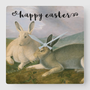 Happy Easter Bunny Hare Couple Watercolor Vintage Square Wall Clock