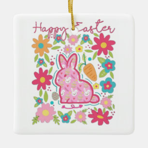 Happy Easter Bunny Illustration Ceramic Ornament