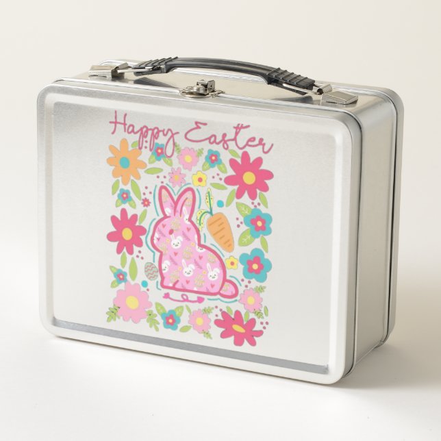 Happy Easter Bunny Illustration Metal Lunch Box (Front)