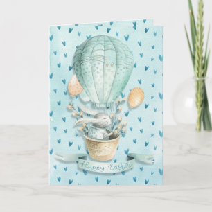 Happy Easter! Bunny in Hot Air Balloon Watercolor Card