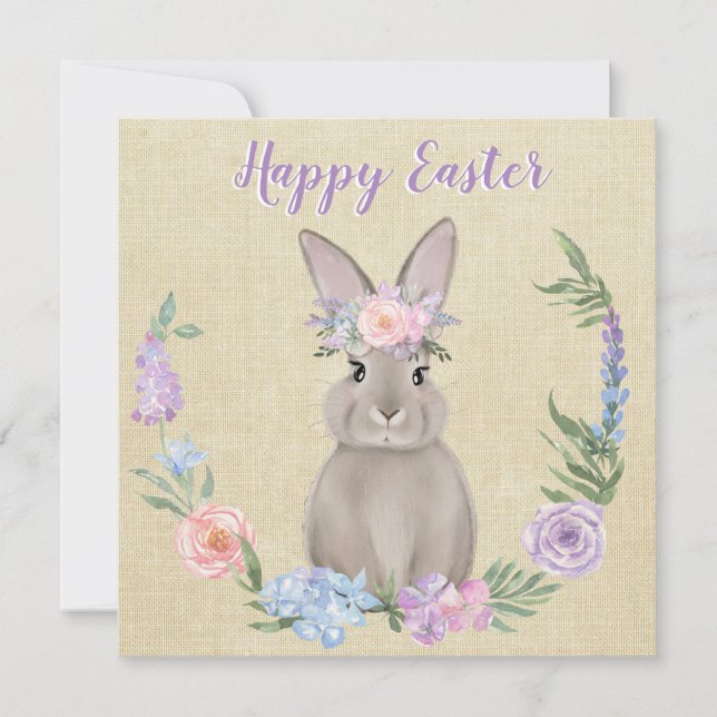 Happy Easter Bunny in Watercolor Flowers (Front)