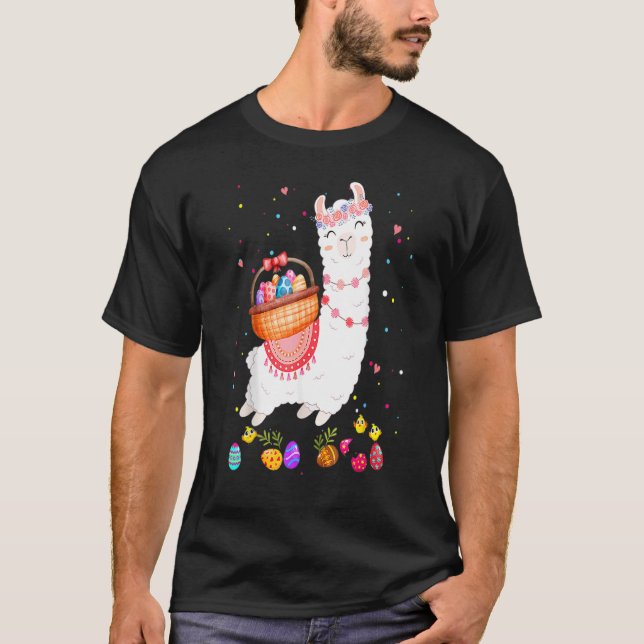 Happy Easter Bunny Llama Bringing Easter Egg Baske T-Shirt (Front)