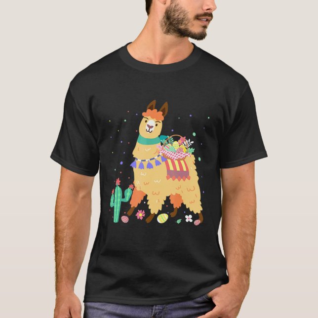 Happy Easter Bunny Llama Bringing Easter Egg Baske T-Shirt (Front)