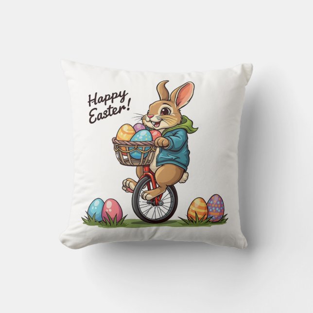 Happy Easter Bunny on a Unicycle with basket of Eg Cushion (Front)