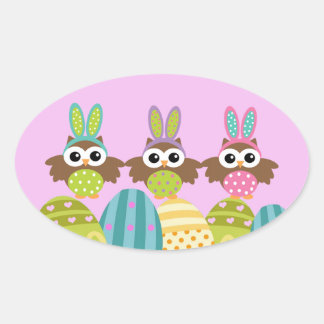 Happy Easter Bunny Owls Oval Sticker
