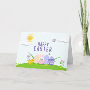 Happy Easter Bunny, Painted Eggs and Chicken  Card