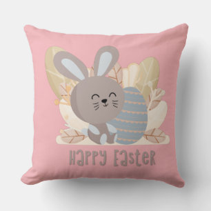 Happy Easter Bunny Peach Polka Dot Pillow