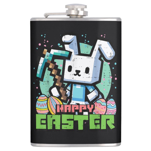 Happy Easter Bunny Pixel Game  Hip Flask (Front)