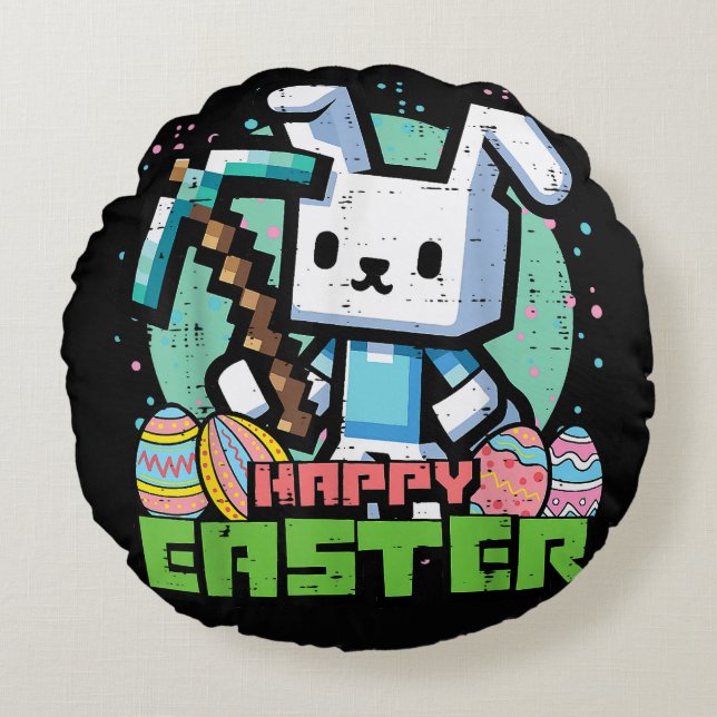 Happy Easter Bunny Pixel Game  Round Cushion (Front)