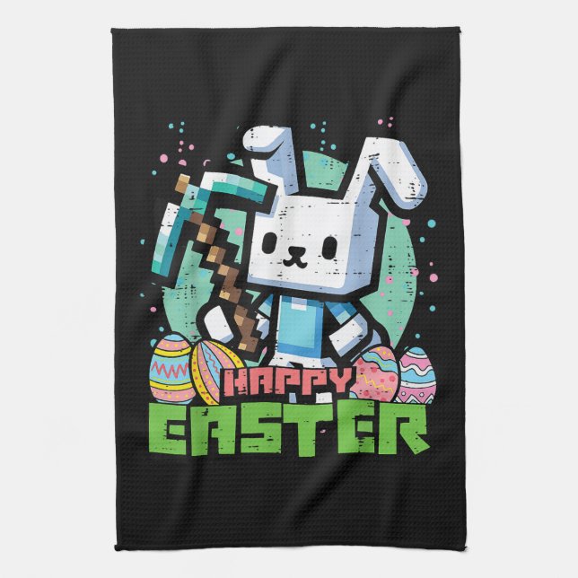 Happy Easter Bunny Pixel Game  Tea Towel (Vertical)