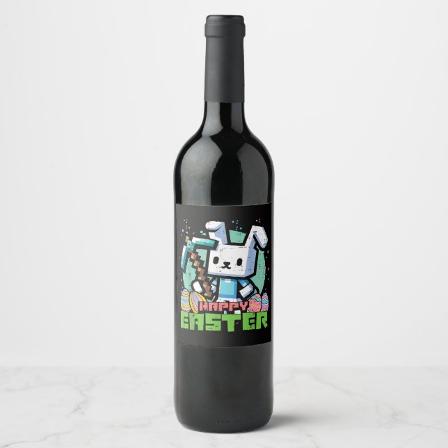 Happy Easter Bunny Pixel Game  Wine Label (Front)