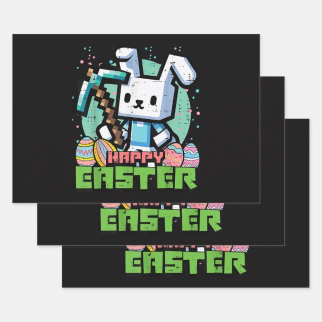 Happy Easter Bunny Pixel Game  Wrapping Paper Sheet (Set)