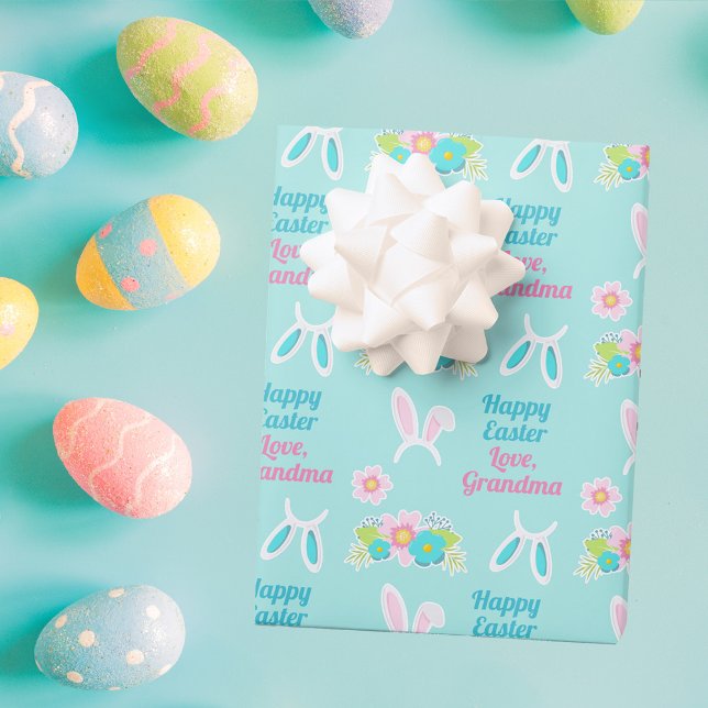 Happy Easter Bunny Pretty Personalised Pastel Teal Wrapping Paper Sheet (Creator Uploaded)