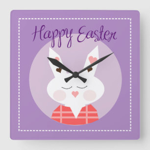 Happy Easter Bunny Purple Square Wall Clock