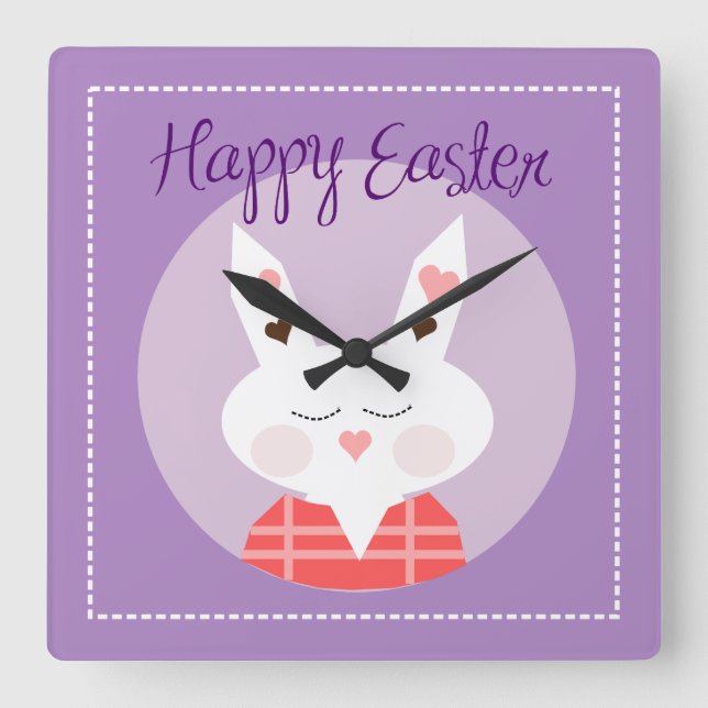 Happy Easter Bunny Purple Square Wall Clock (Front)