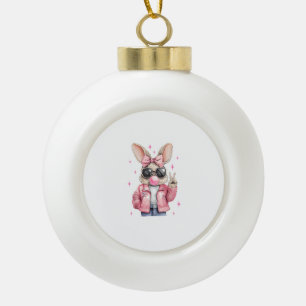 Happy Easter Bunny Rabbit Face Coquette Bow Easter Ceramic Ball Christmas Ornament