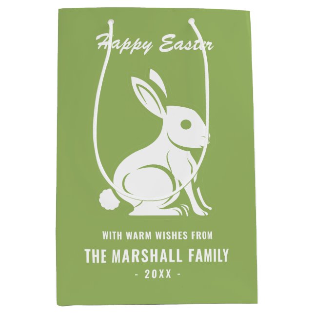 Happy Easter Bunny Rabbit Family Name Green White Medium Gift Bag (Front)
