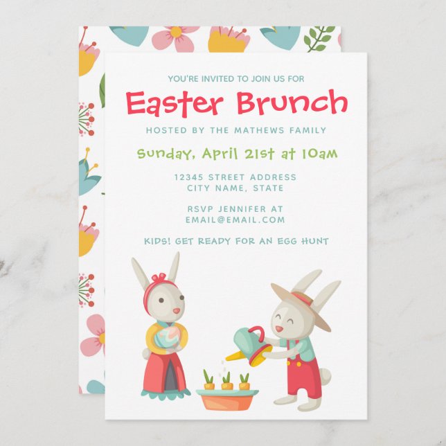 Happy Easter Bunny Rabbit Floral Brunch Invite (Front/Back)