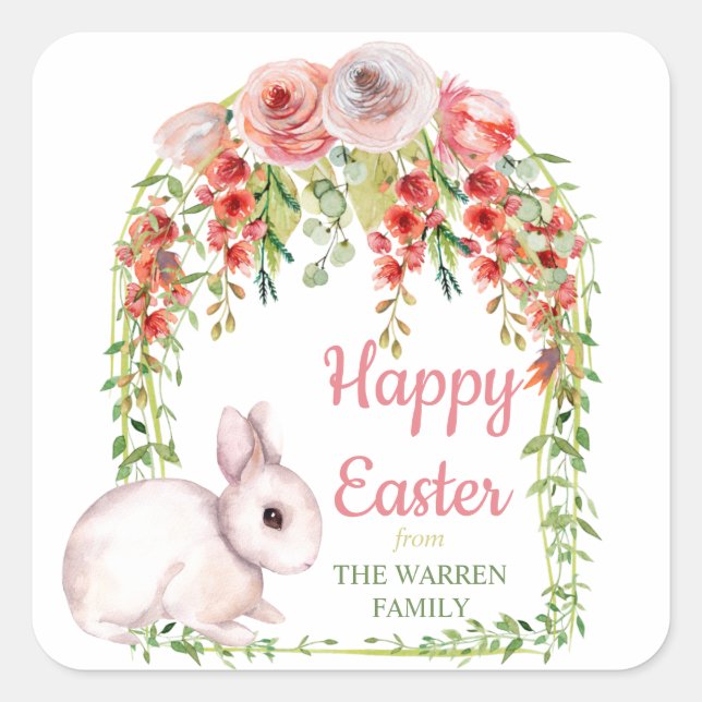 Happy Easter Bunny Rabbit Floral Frame Square Sticker (Front)