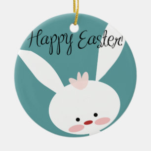 Happy Easter bunny rabbit on blue teal background Ceramic Ornament