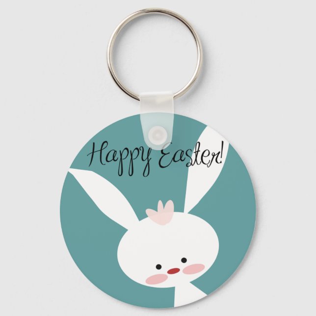 Happy Easter bunny rabbit on blue teal background Key Ring (Front)