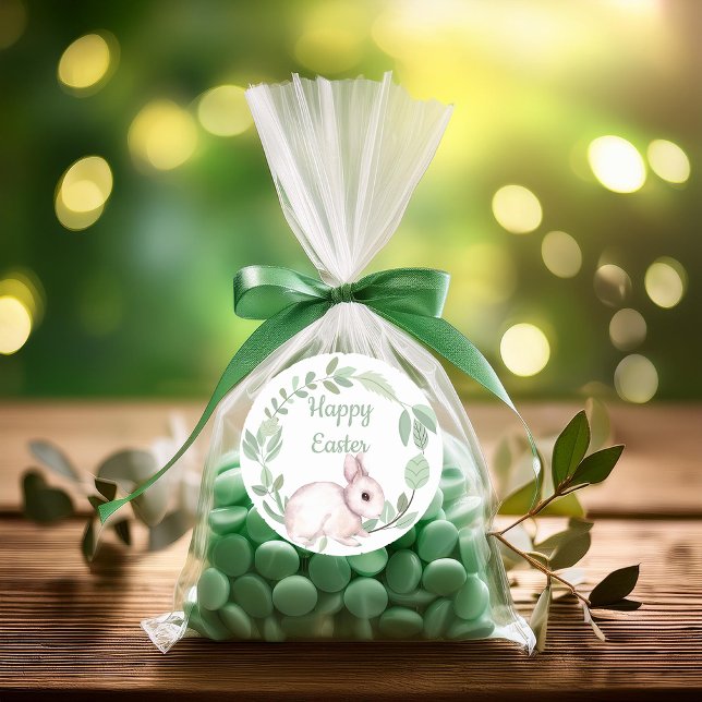 Happy Easter Bunny Rabbit Sage Floral Wreath  Classic Round Sticker (Cute Easter Bunny and Sage Green Eucalyptus Wreath "Happy Easter" Classic Round Stickers)