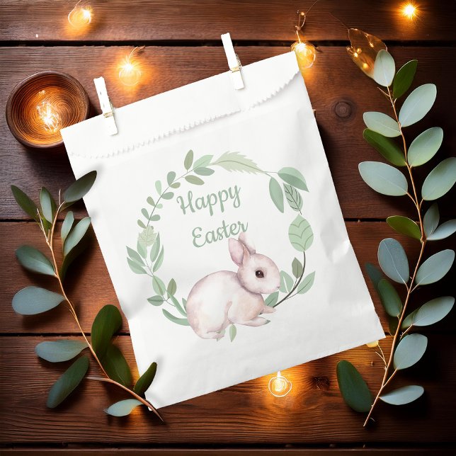 Happy Easter Bunny Rabbit Sage Floral Wreath Favour Bag (Cute Easter Bunny Rabbit and Eucalyptus Wreath Sage Green "Happy Easter" Favor Bags)