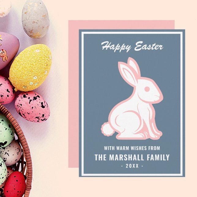 Happy Easter Bunny Rabbit Slate Blue White Pink Holiday Card (Creator Uploaded)
