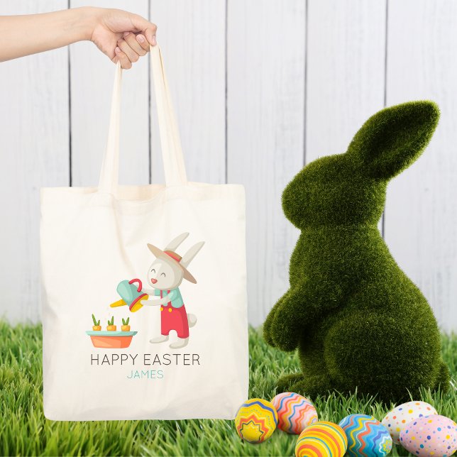 Happy Easter Bunny Rabbit Watering Carrots Name Tote Bag (Creator Uploaded)
