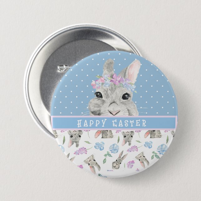 Happy Easter Bunny Rabbits and Blue Polka Dots  7.5 Cm Round Badge (Front & Back)